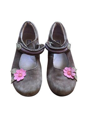 L'Amour Girls Size 1 Brown Leather with Pink Flower Flat Heel Mary Jane Shoes